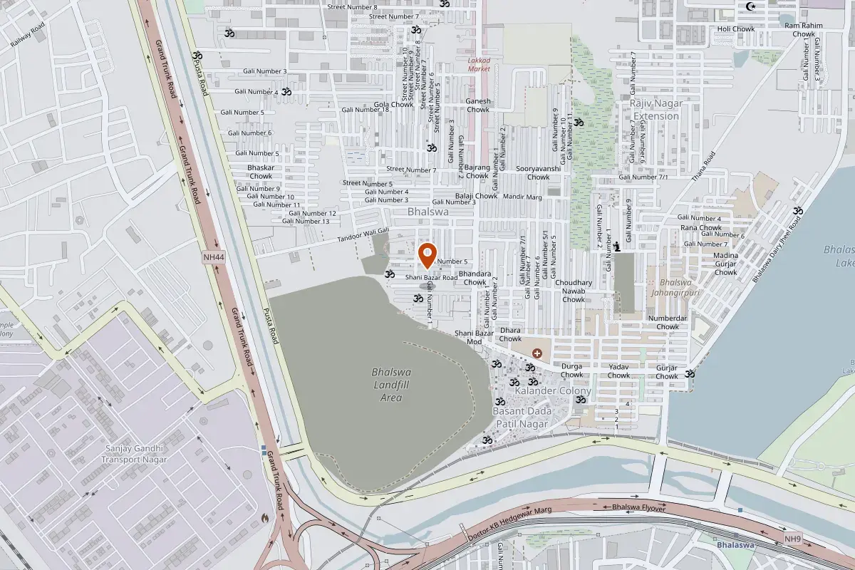 Map of Bhalswa Dairy, Delhi, with a pin on the Goel Trading Co. shop