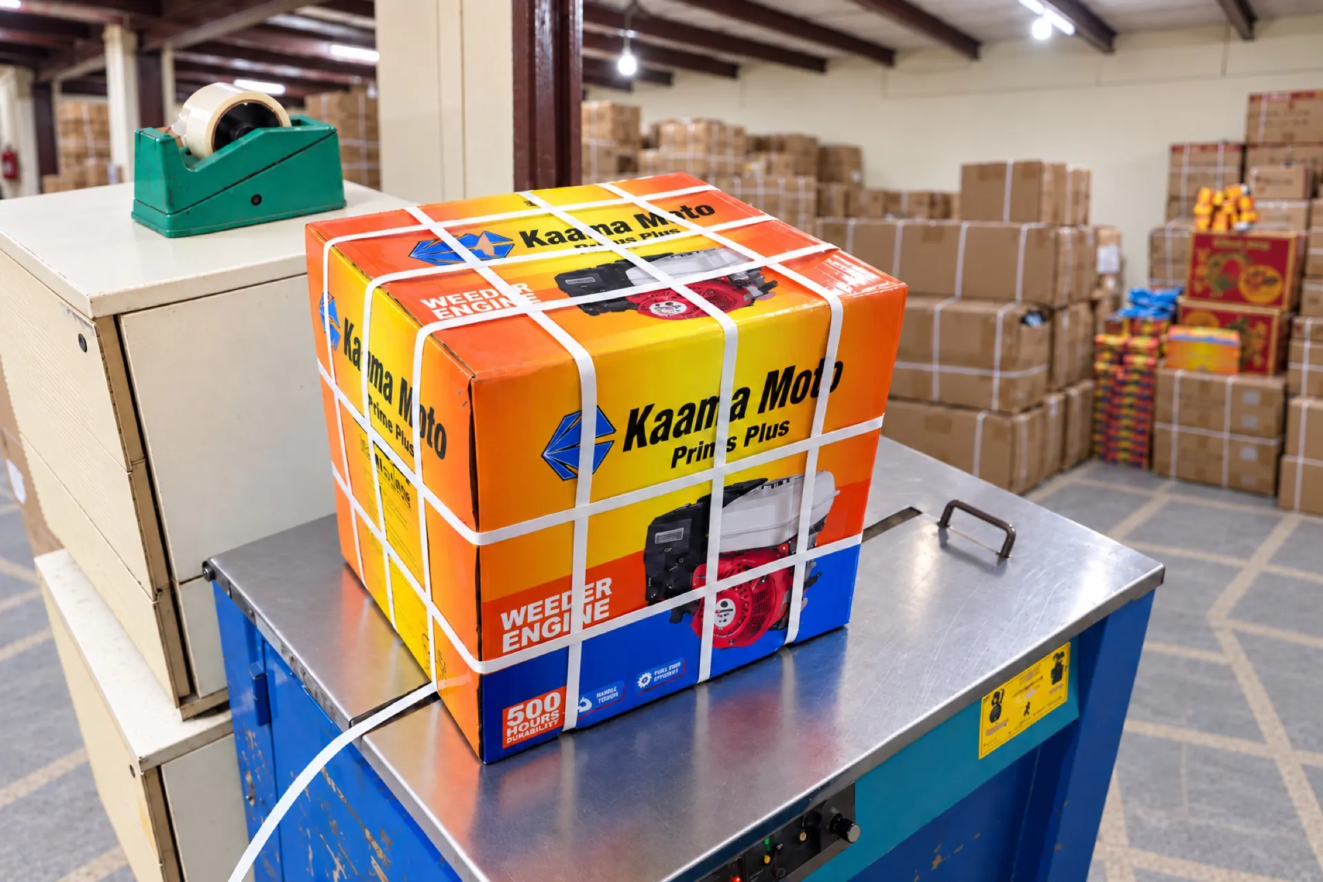 A strapped Kaama Moto Prime Plus carton on the strapping machine in our godown