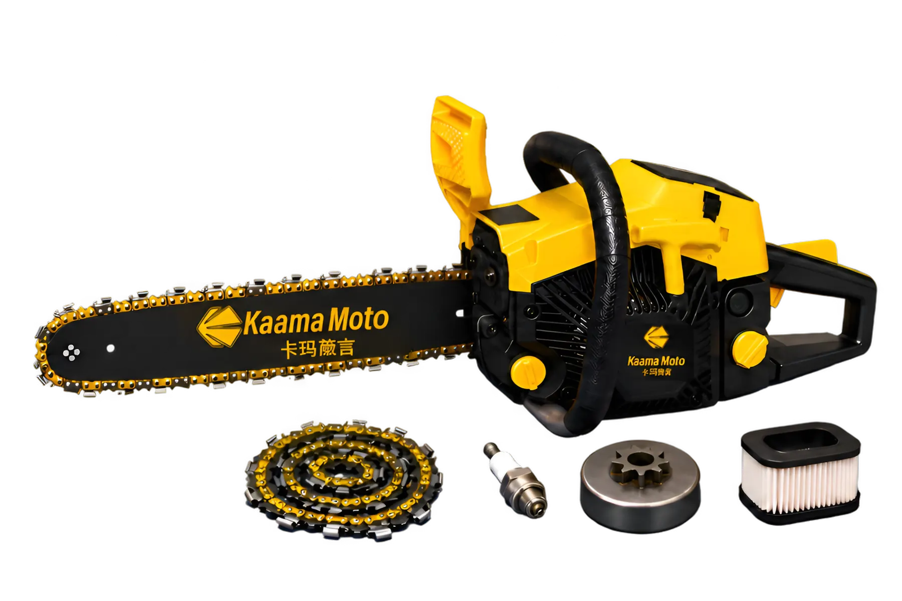 A Kaama Moto chainsaw with spare parts